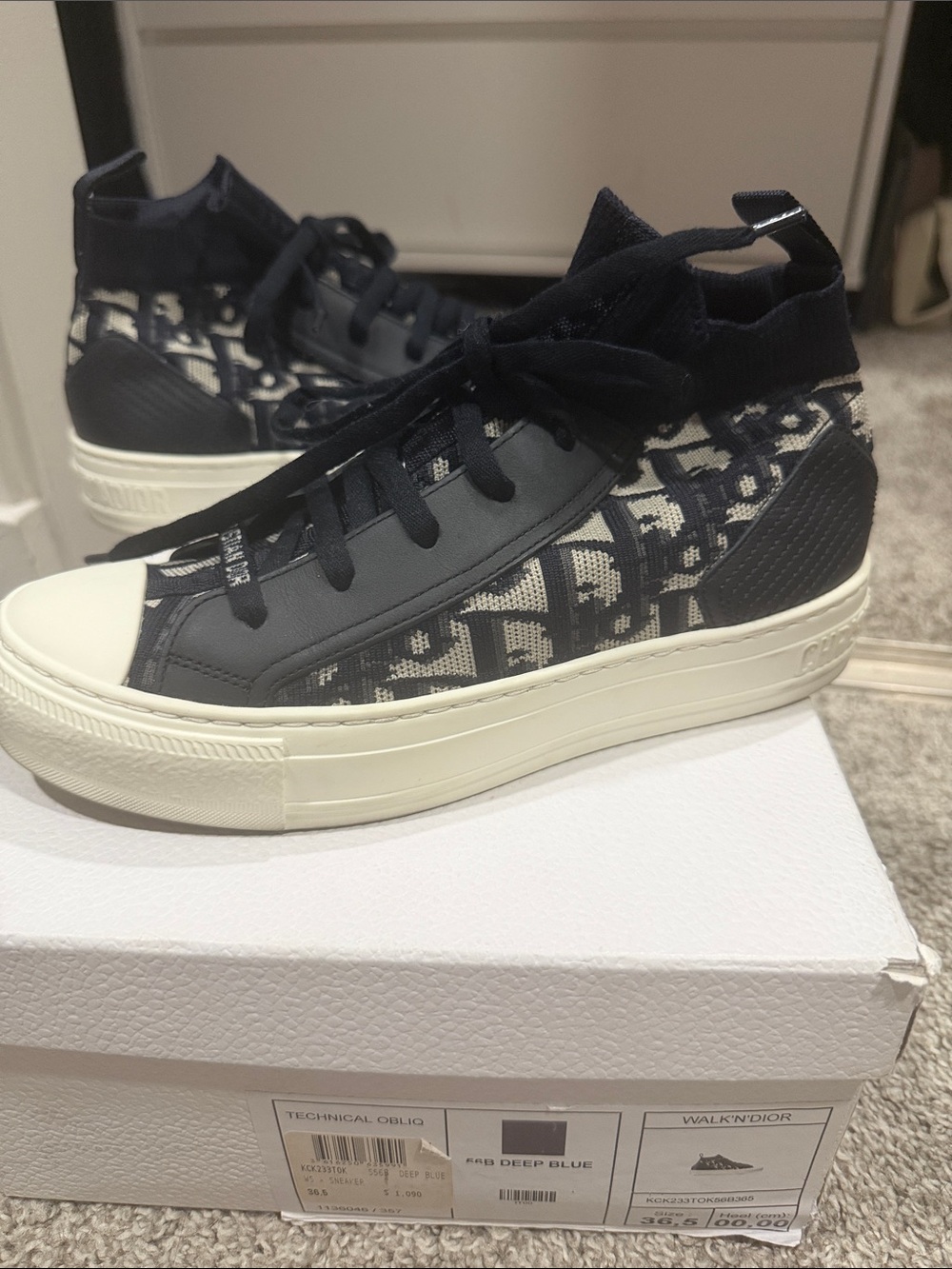 Dior Deep Blue and White High-Top Jacquard Sneakers
